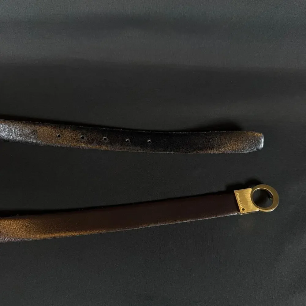 Christian Dior Black/Brown Leather Belt Gold Round Buckle Vintage 42 Inch Spain